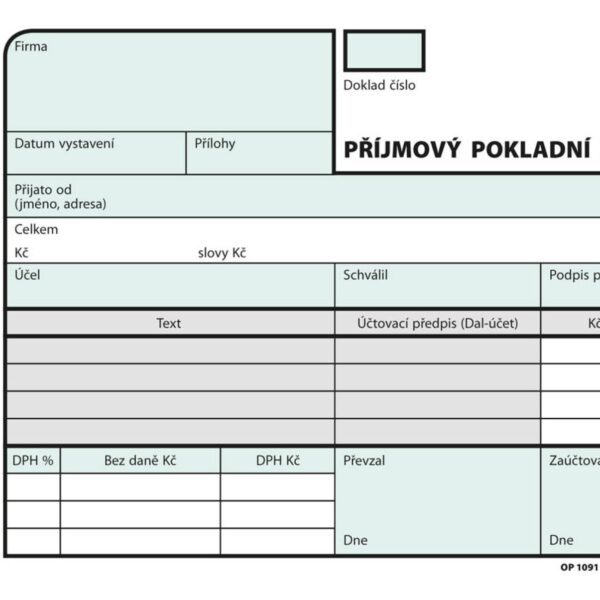 Příjmový pokl. doklad NCR 2x50 nečíslov. A6 OPT 91 - propisující Označení NCR = samopropisující papír