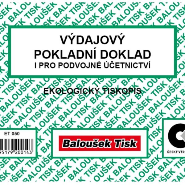 Výdajový pokladní doklad A6 Baloušek ET050 pro podvoj. účetnictví - nepropisující Ekologický tiskopis pro jednoduché i  podvojné účetnictví.