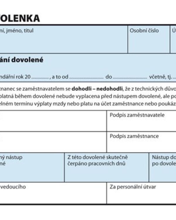 Dovolenka A6 OPT 1146 - nepropisující Dovolenka A6 na šířku OPT 1146 hodinová nečíslovaná nepropisovací. S perforacemi pro snadné odtržení a děrováním pro snadné založení.