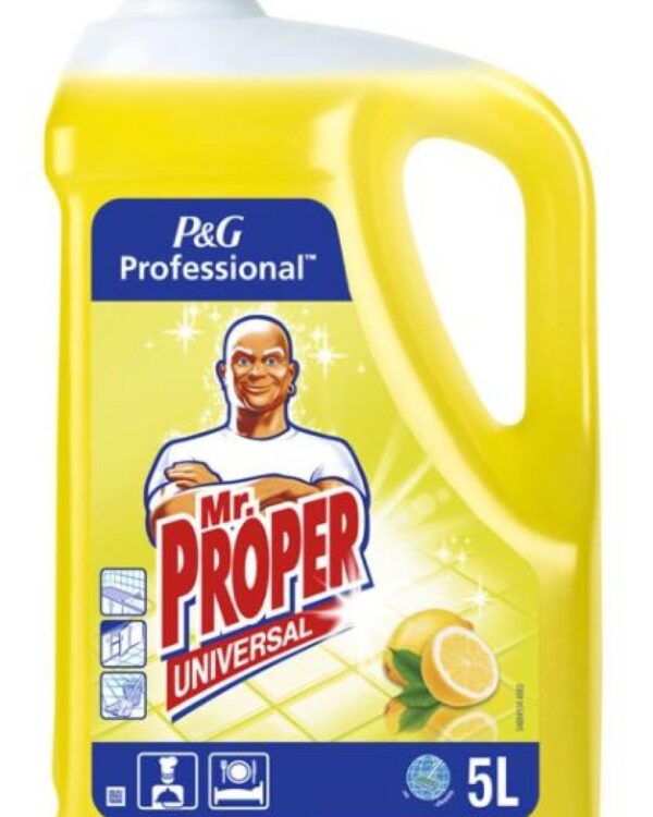 Mr. Proper universal 5l citron Univerzální čistící prostředek Mr. Proper pro rychlé a snadné umývání podlah a velkých ploch. Jeho složení s bezpečnou hodnotou pH je vhodné pro širokou škálu povrchových materiálů včetně lakovaného dřeva a laminátu. 