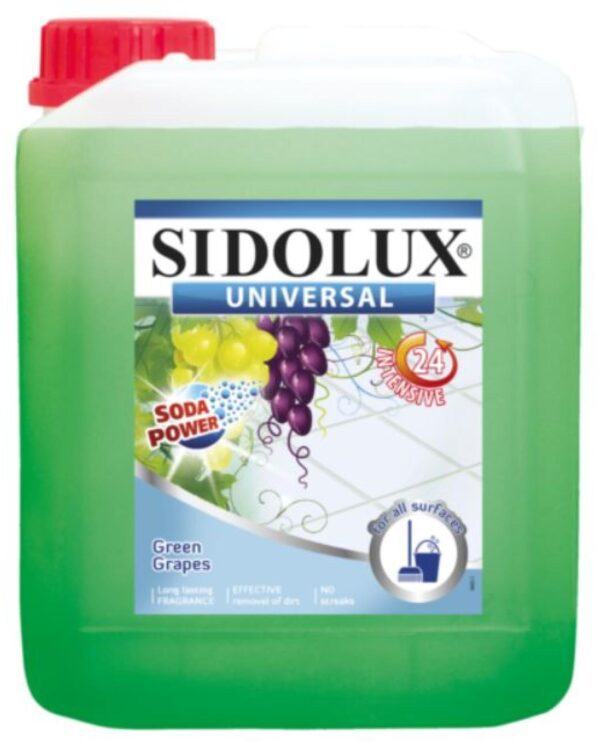 Sidolux Soda Power universal čistič 5l Zelené hrozny /zelený SIDOLUX UNIVERSAL je čisticí prostředek vhodný na všechny omyvatelné povrchy. Velmi efektivně emulguje nečistoty díky systému Soda Power a snadnějii je díky tomu odstraňuje z mytého povrchu. S prostředkem SIDOLUX UNIVERSAL je úklid snadný a příjemný díky vyjímečným vůním