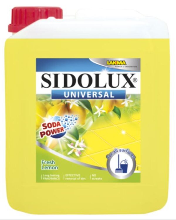 Sidolux Soda Power universal čistič 5l Svěží citrón/žlutý SIDOLUX UNIVERSAL je čisticí prostředek vhodný na všechny omyvatelné povrchy. Velmi efektivně emulguje nečistoty díky systému Soda Power a snadnějii je díky tomu odstraňuje z mytého povrchu. S prostředkem SIDOLUX UNIVERSAL je úklid snadný a příjemný díky vyjímečným vůním