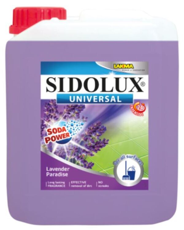 Sidolux Soda Power universal čistič 5l Levandulový ráj/fialový SIDOLUX UNIVERSAL je čisticí prostředek vhodný na všechny omyvatelné povrchy. Velmi efektivně emulguje nečistoty díky systému Soda Power a snadnějii je díky tomu odstraňuje z mytého povrchu. S prostředkem SIDOLUX UNIVERSAL je úklid snadný a příjemný díky vyjímečným vůním