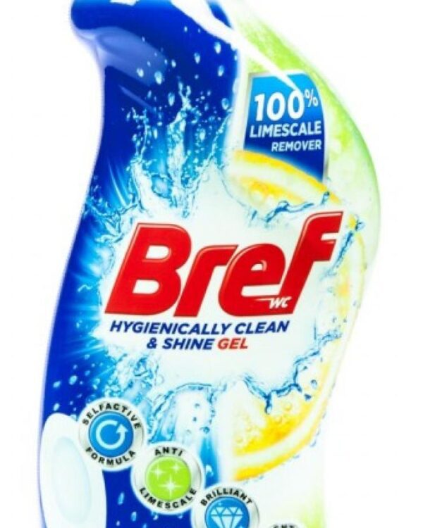 Bref čistič WC gel 700 ml Lemonitta Bref gelový WC čistič díky silnému složení účinnému zejména proti vodnímu kameni zajišťuje hygienickou čistotu a lesk vaší toalety. WC čistič po aplikaci dodá vaší toaletě také příjmenou vůni. Automaticky se aktivuje při kontaktu s povrchem