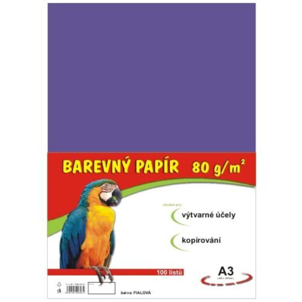 Papír barevný Color A3/80 fialový 100ks Formát A3 (420 x 297 mm). 100 listů v balení. Plošná hmotnost 80g/m2. Barva černá.