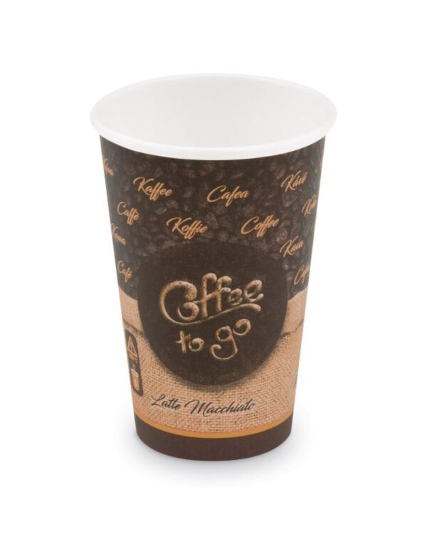 Kelímek papírový "Coffee to go" hnědý 420ml/50ks Kvalitní pevný papírový kelímek s potiskem