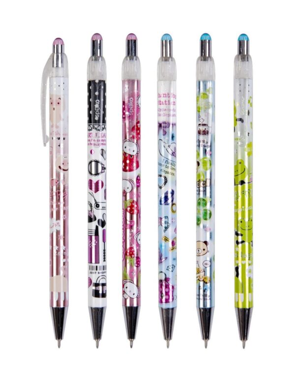 Kuličkové pero Happy time mix barev Stiskací odlehčené kuličkové pero s extra tenkým hrotem Needle Tip. Kombinace hravých designů a veselých barev. Tištěné logo na transparentním klipu.