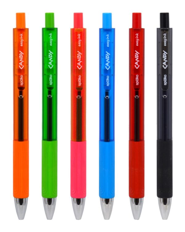 Kuličkové pero Candy mix barev Stiskací kuličkové pero řady CANDY s příjemným trojhranným úchopem pro komfortní držení a psaní. Tělo má atraktivní barevný design v kombinaci se stříbrnou špičkou. Tištěné logo na klipu. Modrá náplň Easy Ink - inkoust s nízkou viskozitou pro pohodlnější a plynulejší psaní.