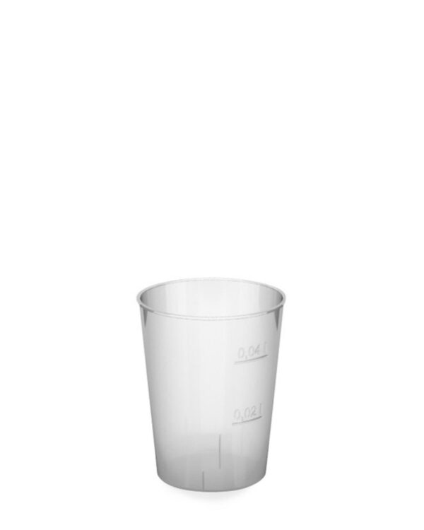 Kelímek pohárek na alkohol PET 2cl/4cl/40ks Vysoce transparentní pevný odolný kelímek vhodný na alkohol s ryskou označující 2 cl a 4 cl. Hygienicky baleny ve fólii.