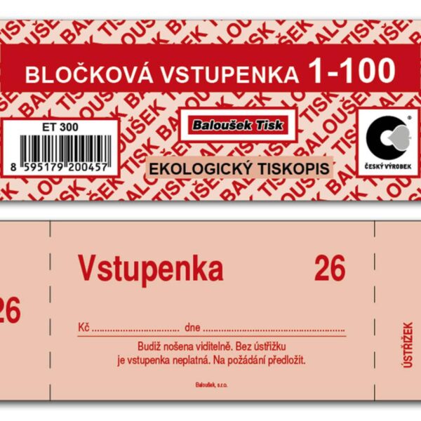 Vstupenky bločkové ET300 1-100 Bločkové vstupenky - 133 x 39 mm / 1-100 / 4 odstíny barev / ET300