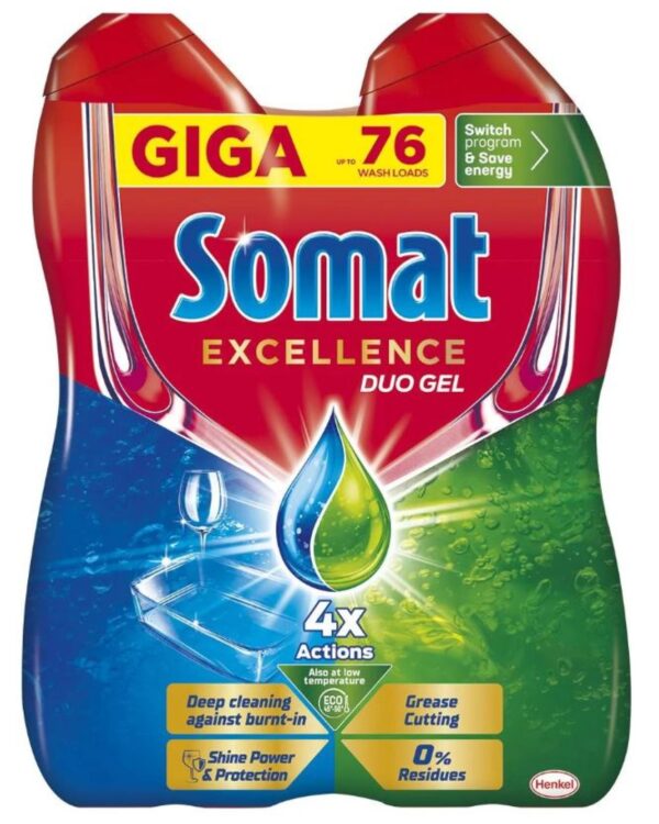 SOMAT gel do myčky Excellence 2x684ml Gel do myčky Somat Excellence dokonale odstraňuje zbytky jídla i odolnou mastnotu a zanechává čisté a zářivě lesklé nádobí. Snadno rozpouští nečistoty a neulpívá na nádobí