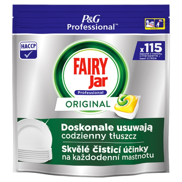 Tablety do myčky JAR Professional ALL in One 115ks Tablety do myček nádobí Jar Professional All in One pomáhají odstranit i zaschlou mastnotu. Jsou vhodné i pro použití v profesionálních myčkách nádobí s krátkým cyklem mytí (1-5 min). Rozpouštějí se 2x rychleji než běžné pevné tablety. Povrchově aktivní látky zajistí dokonalé odstranění zbytků jídel a mastnoty z nádobí a jejich uzamčení ve vodě