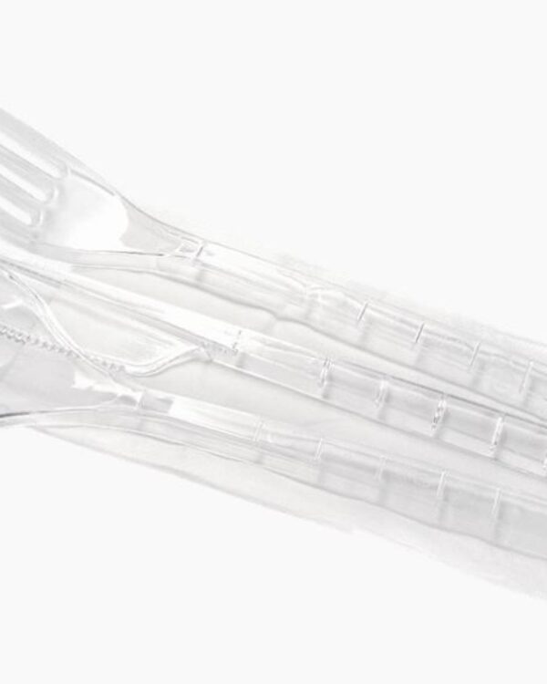Plastový příbor transparentní (vidlička+nůž+lžíce+ubrousek) Plastový příborový set PS/PAP transparentní (vidlička + nůž + lžíce + ubrousek) je hygienicky balený a určený jak k jednorázovému