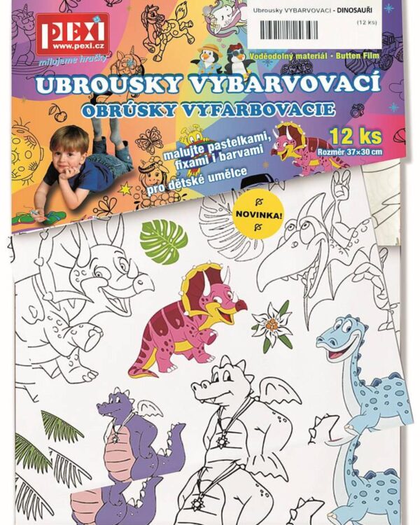 Omalovánky - Vybarvovací ubrousky - Dinosauři 12ks Vybarvovací ubrousky jsou malá tvořivá plátna o rozměrech 37x30 cm pro děti od 3 let.