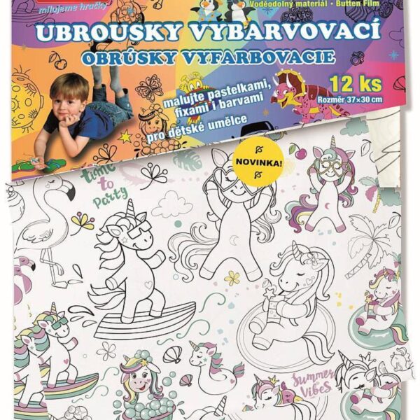 Omalovánky - Vybarvovací ubrousky - Jednorožci 12ks Vybarvovací ubrousky jsou malá tvořivá plátna o rozměrech 37x30 cm pro děti od 3 let.