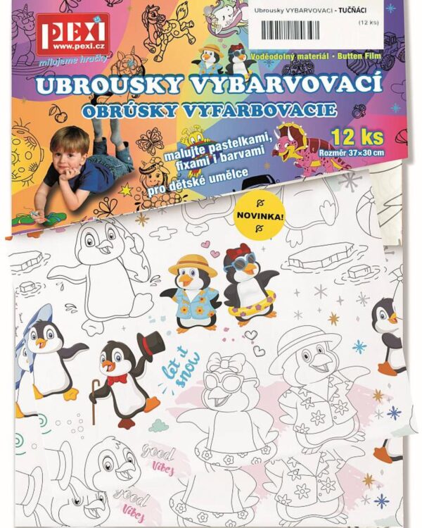 Omalovánky - Vybarvovací ubrousky - Tučňáci 12ks Vybarvovací ubrousky jsou malá tvořivá plátna o rozměrech 37x30 cm pro děti od 3 let.