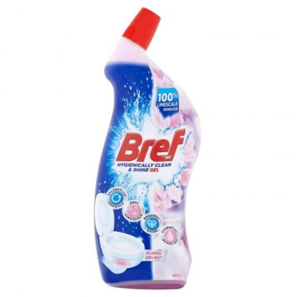 Bref čistič WC gel 700 ml Floral Bref gelový WC čistič díky silnému složení účinnému zejména proti vodnímu kameni zajišťuje hygienickou čistotu a lesk vaší toalety. WC čistič po aplikaci dodá vaší toaletě také příjmenou vůni. Automaticky se aktivuje při kontaktu s povrchem