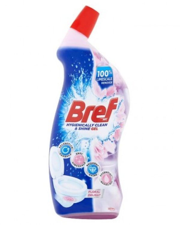 Bref čistič WC gel 700 ml Floral Bref gelový WC čistič díky silnému složení účinnému zejména proti vodnímu kameni zajišťuje hygienickou čistotu a lesk vaší toalety. WC čistič po aplikaci dodá vaší toaletě také příjmenou vůni. Automaticky se aktivuje při kontaktu s povrchem