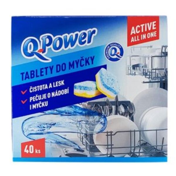 Tablety do myčky Q power All in one 40ks Komplexní tablety do myčky Q power All in one na nádobí obsahují obzvláště účinné látky a jsou mimořádně efektivní v měkké