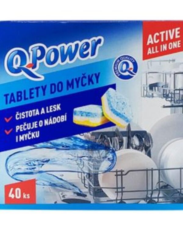 Tablety do myčky Q power All in one 40ks Komplexní tablety do myčky Q power All in one na nádobí obsahují obzvláště účinné látky a jsou mimořádně efektivní v měkké